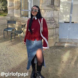 Denim Solid Split Midi Skirt - CIDER